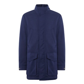 B Cucinelli navy casual jacket with zip front, funnel collar, large flap pockets, and button cuffs