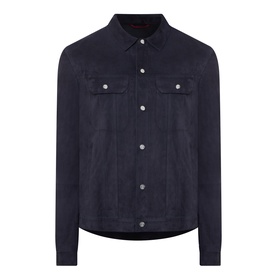 Brunello Cucinelli navy calf suede casual jacket with button front, chest pockets, and spread collar