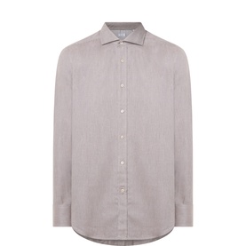 B Cucinelli taupe cotton-lyocell casual shirt with spread collar, long sleeves, and curved hem