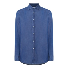 Brunello Cucinelli dark wash denim casual shirt with spread collar, long sleeves, and button placket in lightweight cotton