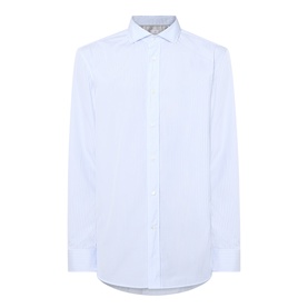 Brunello Cucinelli blue cotton casual shirt with spread collar and button placket, long sleeves