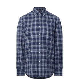 B Cucinelli denim blue cotton check casual shirt with button-down collar and long sleeves, laid flat on white background