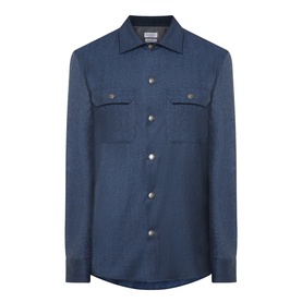 Brunello Cucinelli blue virgin wool casual shirt with dual chest pockets and silver snap buttons, long sleeves