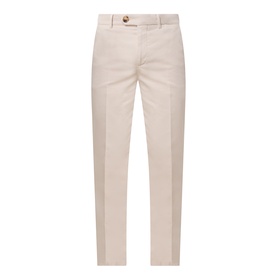 Brunello Cucinelli sand cotton chino trousers with tailored fit, front zip fly, and gold-tone button fastening