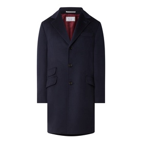 Brunello Cucinelli navy virgin wool coat with notch lapel, three-button front, and flap pockets, red lining detail visible at collar