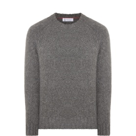 Brunello Cucinelli dark grey 100% cashmere crew neck jumper with ribbed cuffs, hem and collar, raglan sleeves