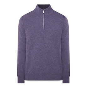 Brunello Cucinelli violet cashmere half-zip jumper with silver zip pull and ribbed collar and cuffs