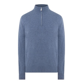 Brunello Cucinelli blue cashmere half-zip knit with ribbed collar and silver-tone zip, long sleeves