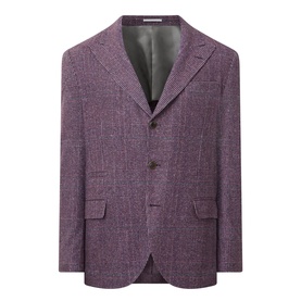 Brunello Cucinelli purple silk-wool-cashmere blazer jacket, three-button front, notch lapels, flap pockets, cupro lining