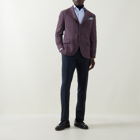 Model wearing B Cucinelli purple silk-wool-cashmere jacket, styled with blue shirt, navy trousers and black leather shoes.