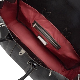 B Cucinelli Logo Grained Leather Holdall in black, showing red interior lining with zip pocket and silver-tone hardware detail
