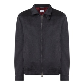 Dark navy zip-through harrington jacket with spread collar, silver zip, and contrast red tartan lining visible at collar