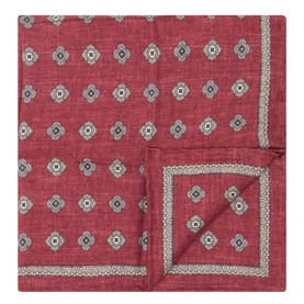 Brunello Cucinelli lava silk pocket square with geometric medallion print and contrast border trim