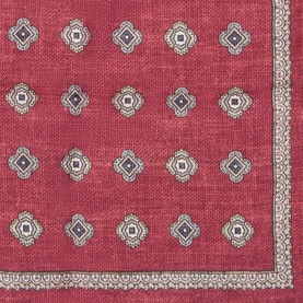 Brunello Cucinelli lava silk pocket square with geometric medallion print and decorative border detail