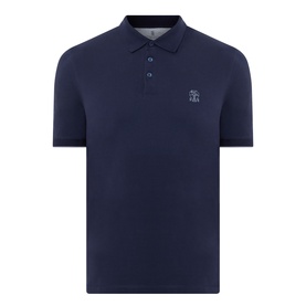 Brunello Cucinelli Logo Pique Polo Shirt in Cadet, short sleeves, polo collar, button fastenings and embroidered logo detail