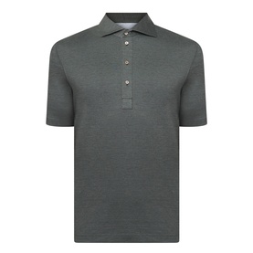 B Cucinelli Solid Knitted Polo Shirt in Military Green, polo collar, short sleeves, button fastenings, straight hem