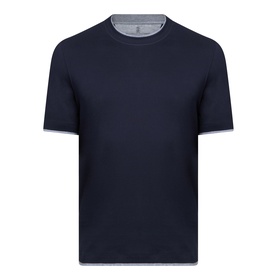 Brunello Cucinelli Contrast Trim Jersey T-Shirt in navy with grey contrast trim at crew neck and sleeve cuffs, short sleeves