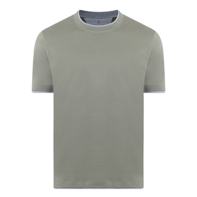 Brunello Cucinelli Contrast Trim Jersey T-Shirt in dark green with grey contrast trim at crew neck and sleeve cuffs, short sleeves