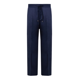 Brunello Cucinelli navy blue virgin wool trousers with drawstring waist, straight leg, and pressed centre crease