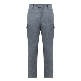 Brunello Cucinelli grey virgin wool trousers with cargo pockets, button fastening, and straight-leg cut