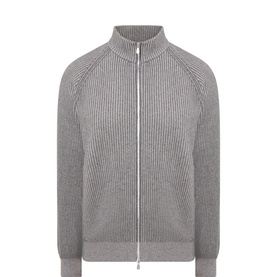 Brunello Cucinelli Forest Green cashmere zip-through knitwear with ribbed panels, raglan sleeves, and silver zip