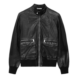 All Saints black leather bomber jacket with silver zip detail, ribbed cuffs, hem, and dual front zip pockets