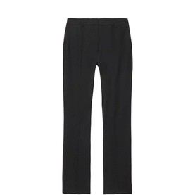 All Saints black tailored trousers with slim straight leg and front seam detail, flat lay