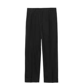 All Saints black men's tailored trousers with straight leg, front pleats, and side vents, shown flat.