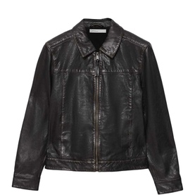 All Saints black/brown leather zip-up jacket with spread collar, chest seam detailing and long sleeves