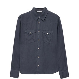 All Saints moonstone blue long-sleeve shirt with twin chest pockets and press-stud fastening