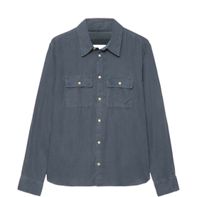 All Saints slate blue long-sleeve shirt with twin chest pockets and button-through front, laid flat