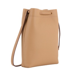 Strathberry caramel calf leather crossbody bag with drawstring top, pebbled texture, and slim adjustable shoulder strap