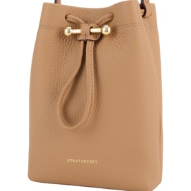 Strathberry caramel calf leather mini bucket crossbody bag with gold drawstring hardware and brand logo detail
