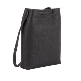 Strathberry Osette Midi Pouch Bag in black grained calf leather with drawstring top, gold-tone hardware, and narrow crossbody strap