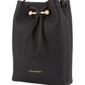 Strathberry Osette Midi Pouch Bag in black grained calf leather with gold-tone drawstring Music Bar hardware and narrow crossbody strap