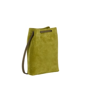 Strathberry Osette Midi Pouch in lime suede with khaki crossbody strap, gold-toned hardware cutout detail, structured bucket silhouette.