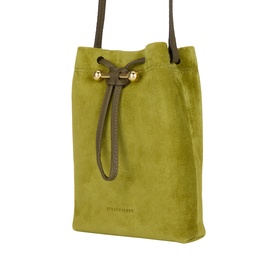 Strathberry Osette Midi Pouch in lime suede with khaki drawstring strap, gold-toned hardware, and crossbody style