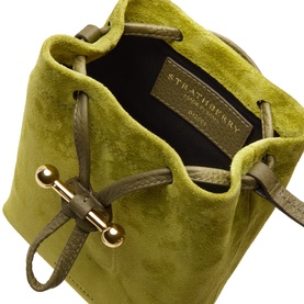 Strathberry Osette Midi Pouch in lime suede with khaki leather trim, gold-toned hardware, drawstring fastening, open top view showing branded interior