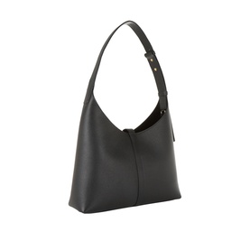 Strathberry black calf leather hobo bag with single shoulder strap and gold-tone hardware adjuster, structured crescent silhouette.