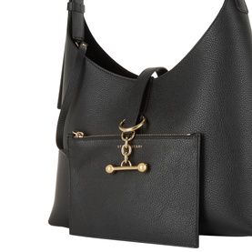 Strathberry black calf leather hobo bag with gold-tone bar hardware charm and detachable pouch, pebbled texture exterior
