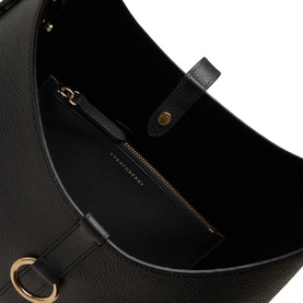 Strathberry black calf leather Hobo bag interior showing suede lining, gold-tone zip pocket and ring hardware detail.