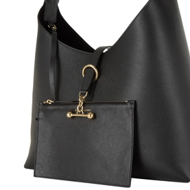Strathberry Kite Maxi Hobo Bag in black grained calf leather with gold-toned hardware and detachable pouch with bar closure.