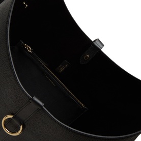 Strathberry Kite Maxi Hobo Bag in black grained calf leather, open interior view showing suede lining, zip pocket and gold-toned hardware detail.