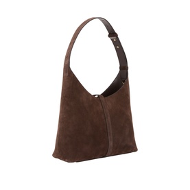Strathberry Chocolate suede hobo bag with single adjustable shoulder strap and gold-tone hardware, structured crescent silhouette