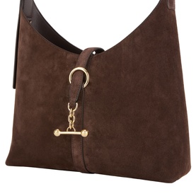 Strathberry Chocolate suede hobo bag with gold-tone toggle clasp detail and leather trim, angled side view