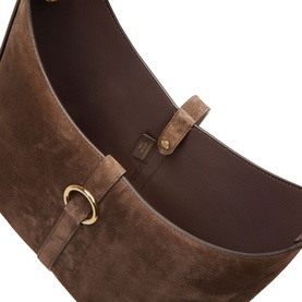 Strathberry Chocolate suede Hobo bag, open top view showing gold D-ring buckle detail and tan leather lining interior