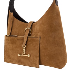Strathberry Kite Suede Hobo Bag in Toffee/Espresso with gold-tone Music bar hardware, adjustable strap, and removable front pouch.