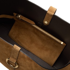 Strathberry Kite Suede Hobo Bag in Toffee/Espresso, interior view showing suede zip pouch, gold-tone hardware and dark leather lining