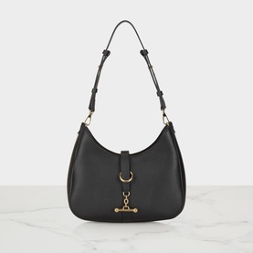 Strathberry black grain calf leather shoulder bag with gold-tone bar charm, ring detail, and knotted single strap