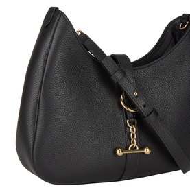 Strathberry black grain calf leather shoulder bag with gold-tone hardware, chain charm detail and adjustable crossbody strap